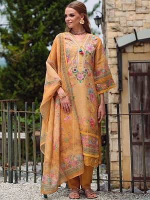 Women Floral Embroidered Beads and Stones Linen Kurta, Trousers With Dupatta 2
