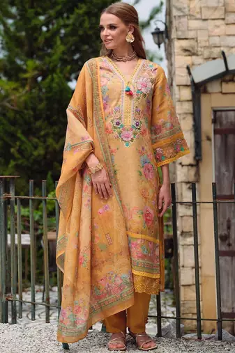 Women Floral Embroidered Beads and Stones Linen Kurta, Trousers With Dupatta
