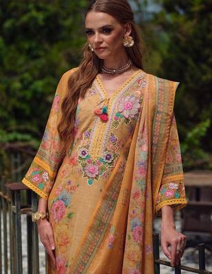 Women Floral Embroidered Beads and Stones Linen Kurta, Trousers With Dupatta 3