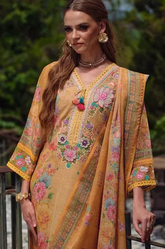 Women Floral Embroidered Beads and Stones Linen Kurta, Trousers With Dupatta