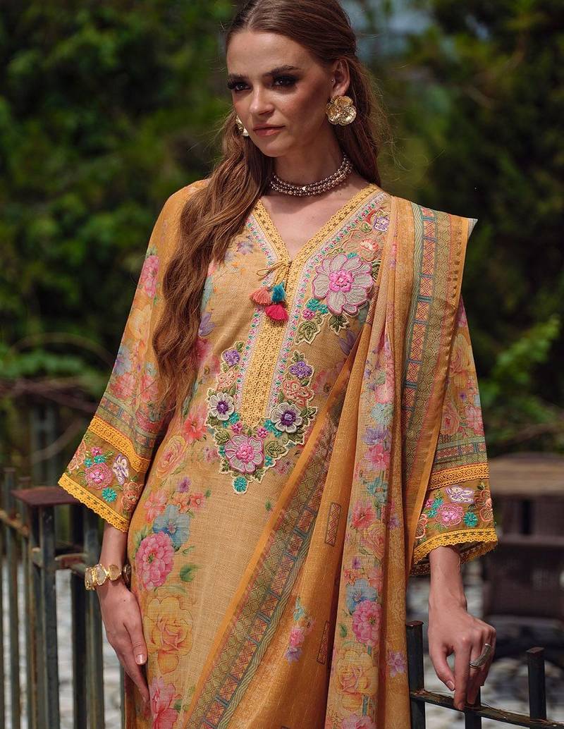 Women Floral Embroidered Beads and Stones Linen Kurta, Trousers With Dupatta