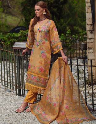 Women Floral Embroidered Beads and Stones Linen Kurta, Trousers With Dupatta 4