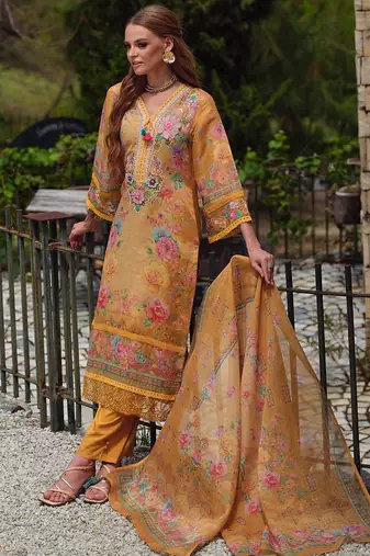 Women Floral Embroidered Beads and Stones Linen Kurta, Trousers With Dupatta