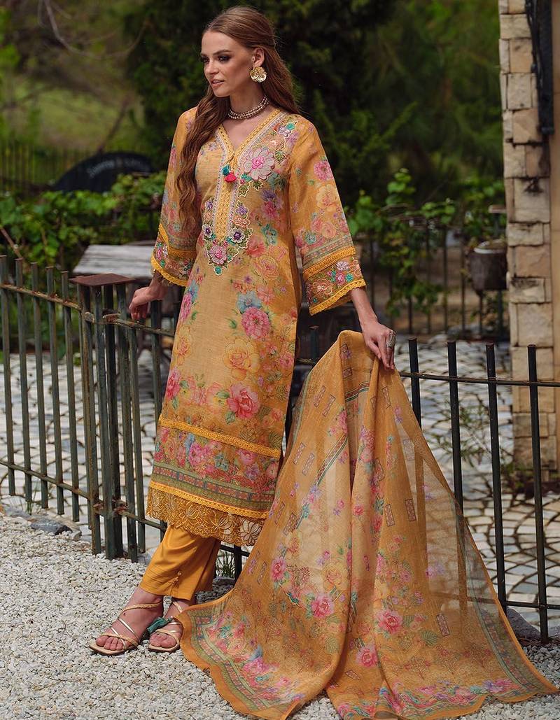 Women Floral Embroidered Beads and Stones Linen Kurta, Trousers With Dupatta