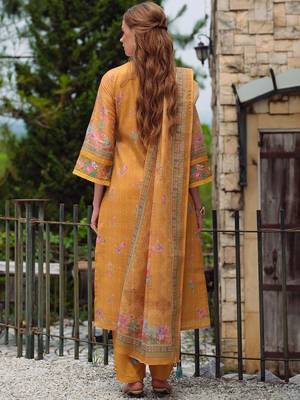 Women Floral Embroidered Beads and Stones Linen Kurta, Trousers With Dupatta 5