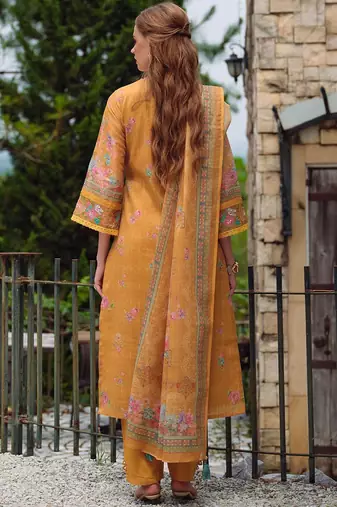 Women Floral Embroidered Beads and Stones Linen Kurta, Trousers With Dupatta