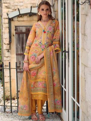 Women Floral Embroidered Beads and Stones Linen Kurta, Trousers With Dupatta 6