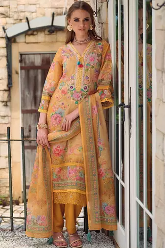 Women Floral Embroidered Beads and Stones Linen Kurta, Trousers With Dupatta
