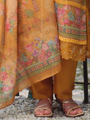 Women Floral Embroidered Beads and Stones Linen Kurta, Trousers With Dupatta 7