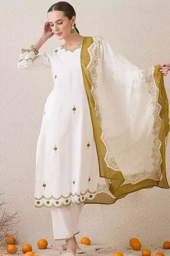 Floral Embroidered Sequinned Pure Cotton Straight Kurta With Trousers & Dupatta