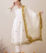 Floral Embroidered Sequinned Pure Cotton Straight Kurta With Trousers & Dupatta