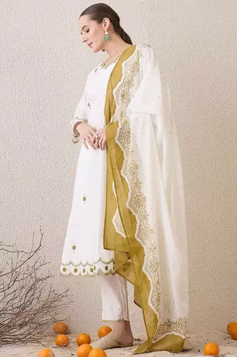 Floral Embroidered Sequinned Pure Cotton Straight Kurta With Trousers & Dupatta