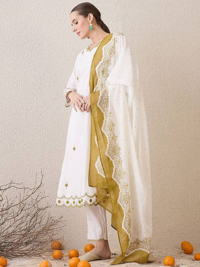 Floral Embroidered Sequinned Pure Cotton Straight Kurta With Trousers & Dupatta