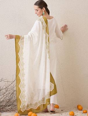 Floral Embroidered Sequinned Pure Cotton Straight Kurta With Trousers & Dupatta 4