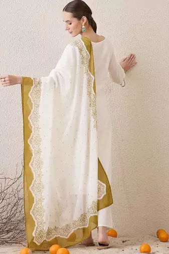 Floral Embroidered Sequinned Pure Cotton Straight Kurta With Trousers & Dupatta
