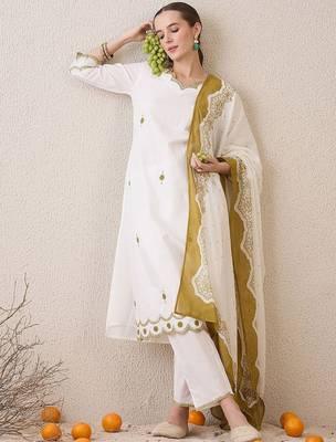 Floral Embroidered Sequinned Pure Cotton Straight Kurta With Trousers & Dupatta 5