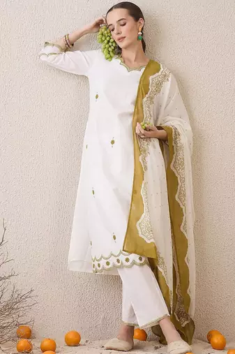 Floral Embroidered Sequinned Pure Cotton Straight Kurta With Trousers & Dupatta