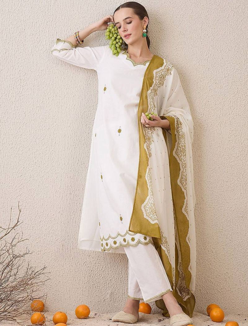 Floral Embroidered Sequinned Pure Cotton Straight Kurta With Trousers & Dupatta
