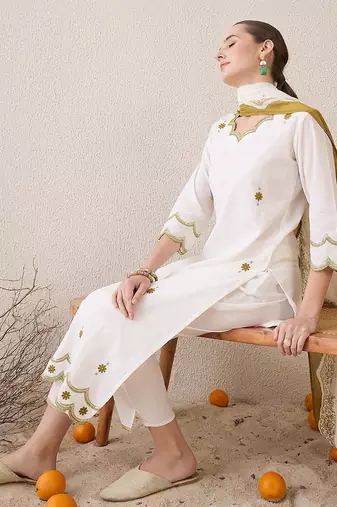 Floral Embroidered Sequinned Pure Cotton Straight Kurta With Trousers & Dupatta