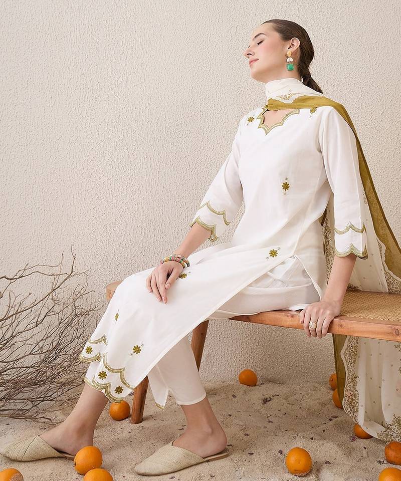 Floral Embroidered Sequinned Pure Cotton Straight Kurta With Trousers & Dupatta