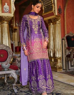 Ethnic Motifs Embroidered Thread Work Chinon Kurta with Sharara & With Dupatta 1