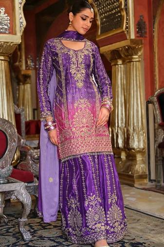 Ethnic Motifs Embroidered Thread Work Chinon Kurta with Sharara & With Dupatta