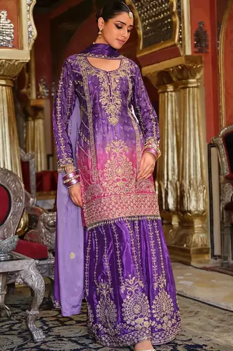 Ethnic Motifs Embroidered Thread Work Chinon Kurta with Sharara & With Dupatta