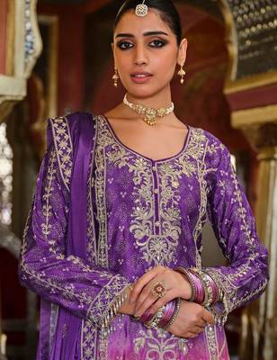 Ethnic Motifs Embroidered Thread Work Chinon Kurta with Sharara & With Dupatta 2