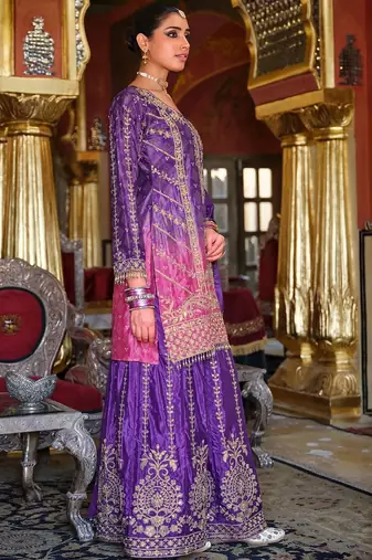 Ethnic Motifs Embroidered Thread Work Chinon Kurta with Sharara & With Dupatta