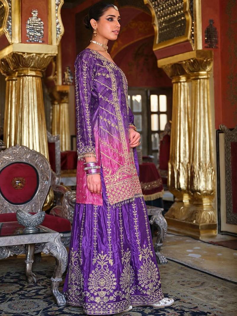 Ethnic Motifs Embroidered Thread Work Chinon Kurta with Sharara & With Dupatta