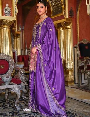 Ethnic Motifs Embroidered Thread Work Chinon Kurta with Sharara & With Dupatta 4