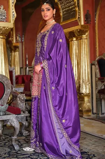 Ethnic Motifs Embroidered Thread Work Chinon Kurta with Sharara & With Dupatta
