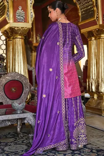 Ethnic Motifs Embroidered Thread Work Chinon Kurta with Sharara & With Dupatta