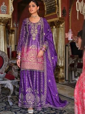 Ethnic Motifs Embroidered Thread Work Chinon Kurta with Sharara & With Dupatta 6
