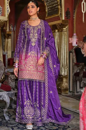 Ethnic Motifs Embroidered Thread Work Chinon Kurta with Sharara & With Dupatta