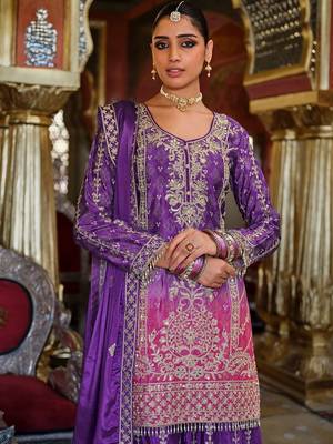 Ethnic Motifs Embroidered Thread Work Chinon Kurta with Sharara & With Dupatta 7