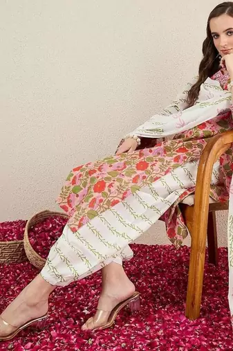 Women Floral Printed Regular Pure Cotton Kurta with Salwar & With Dupatta