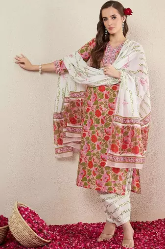 Women Floral Printed Regular Pure Cotton Kurta with Salwar & With Dupatta