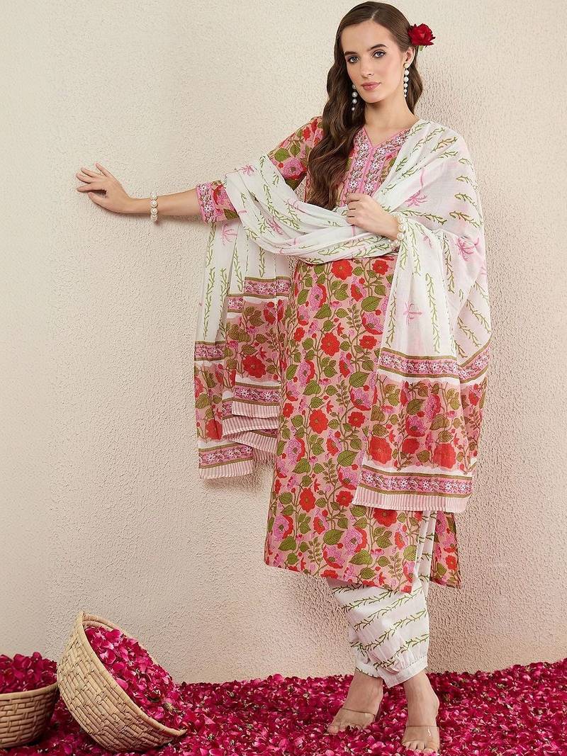 Women Floral Printed Regular Pure Cotton Kurta with Salwar & With Dupatta
