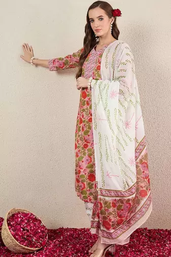 Women Floral Printed Regular Pure Cotton Kurta with Salwar & With Dupatta