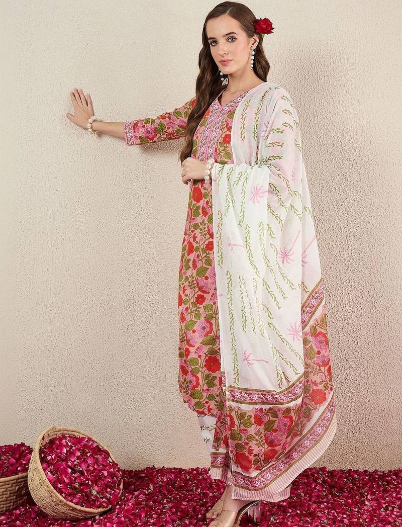Women Floral Printed Regular Pure Cotton Kurta with Salwar & With Dupatta