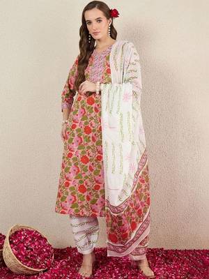 Women Floral Printed Regular Pure Cotton Kurta with Salwar & With Dupatta 4