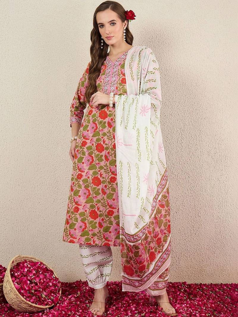 Women Floral Printed Regular Pure Cotton Kurta with Salwar & With Dupatta