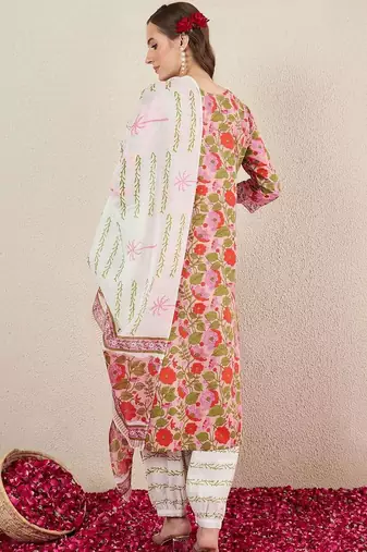 Women Floral Printed Regular Pure Cotton Kurta with Salwar & With Dupatta