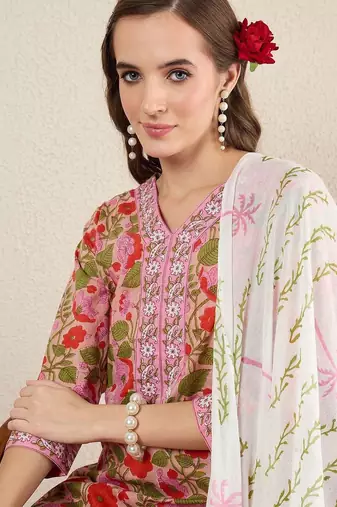Women Floral Printed Regular Pure Cotton Kurta with Salwar & With Dupatta