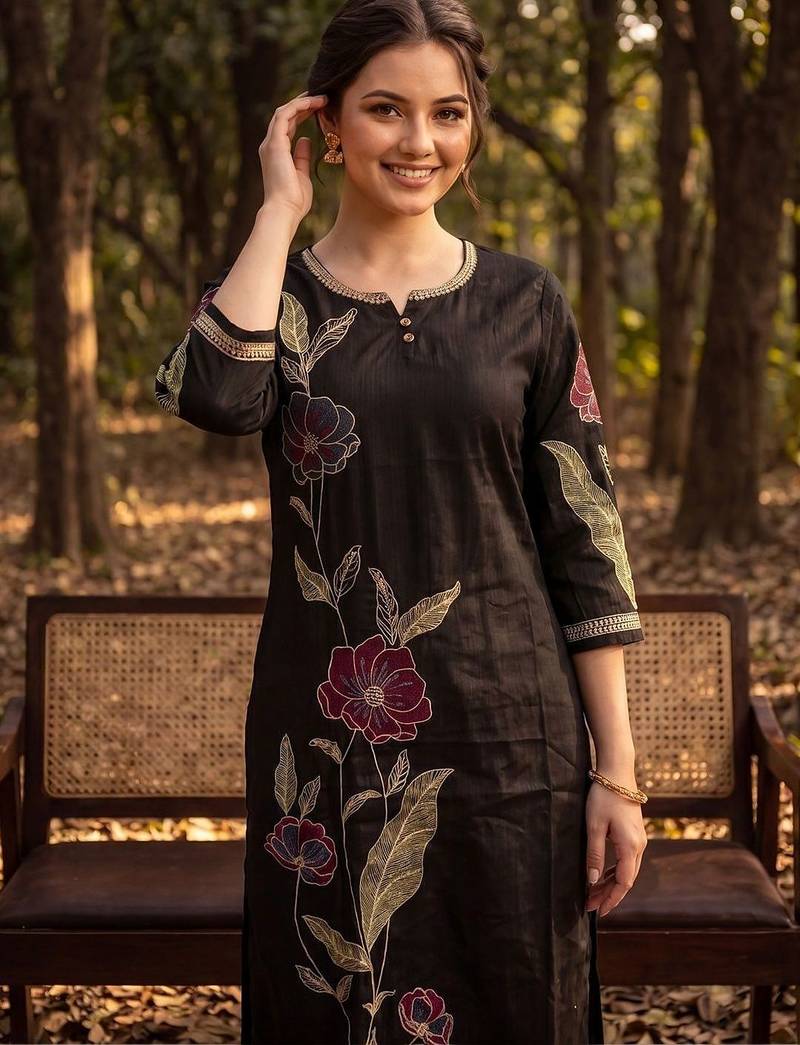 Women Floral Embroidered Regular Thread Work Liva Kurta with Trousers