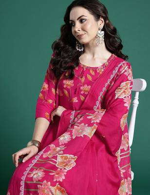 Floral Printed Regular Pure Cotton Kurta with Trousers & Dupatta 1
