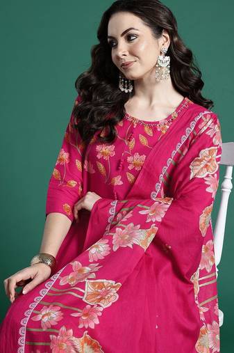 Floral Printed Regular  Cotton Kurta with Trousers & Dupatta
