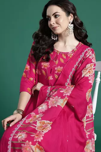 Floral Printed Regular Pure Cotton Kurta with Trousers & Dupatta