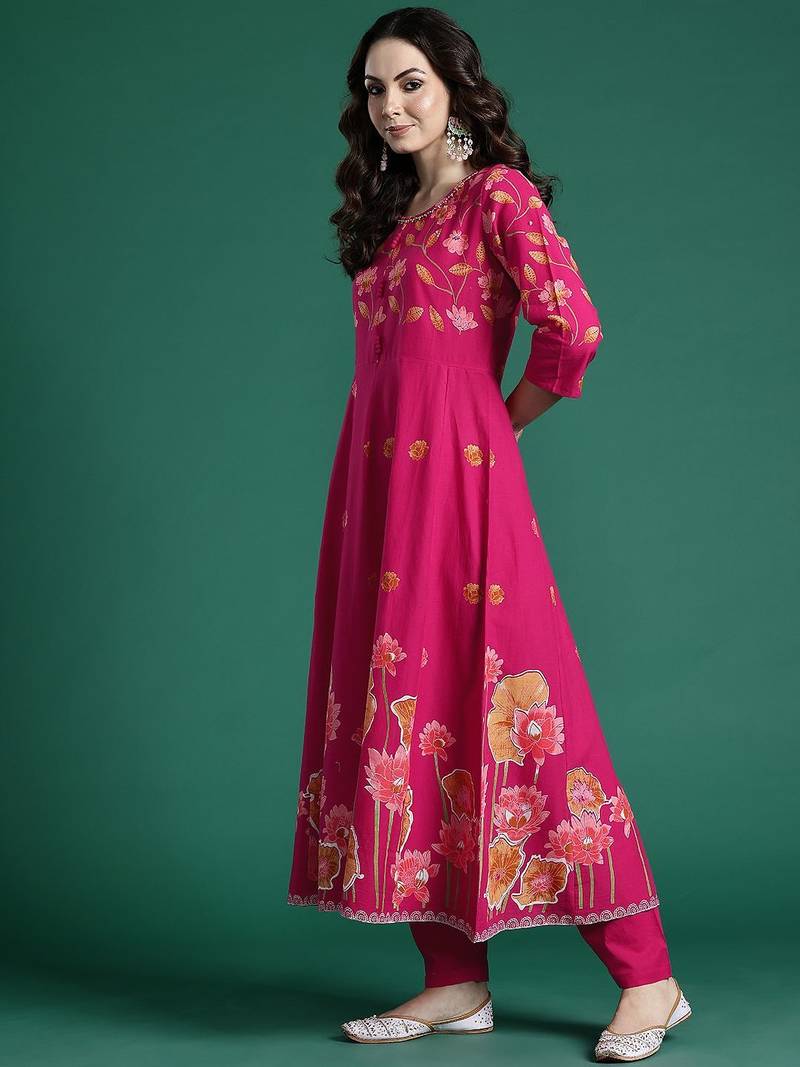 Floral Printed Regular Pure Cotton Kurta with Trousers & Dupatta